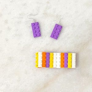 Lego Lavender, Orange, & White Earrings and Cuff Bracelet Set